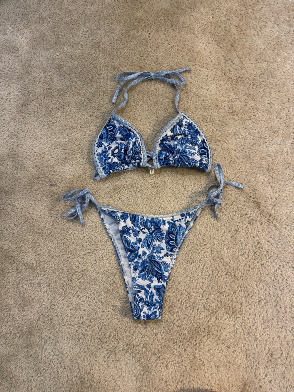 Shein Blue and White Floral Tie-Side Bikini Set